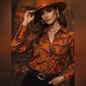Jane and Delancey Vibrant Orange Zebra Button-Down Shirt